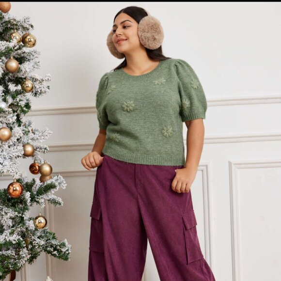 Wool-Blend Green Round Neck Flower Knitted Short Sleeve Top - NEW - Picture 5 of 15